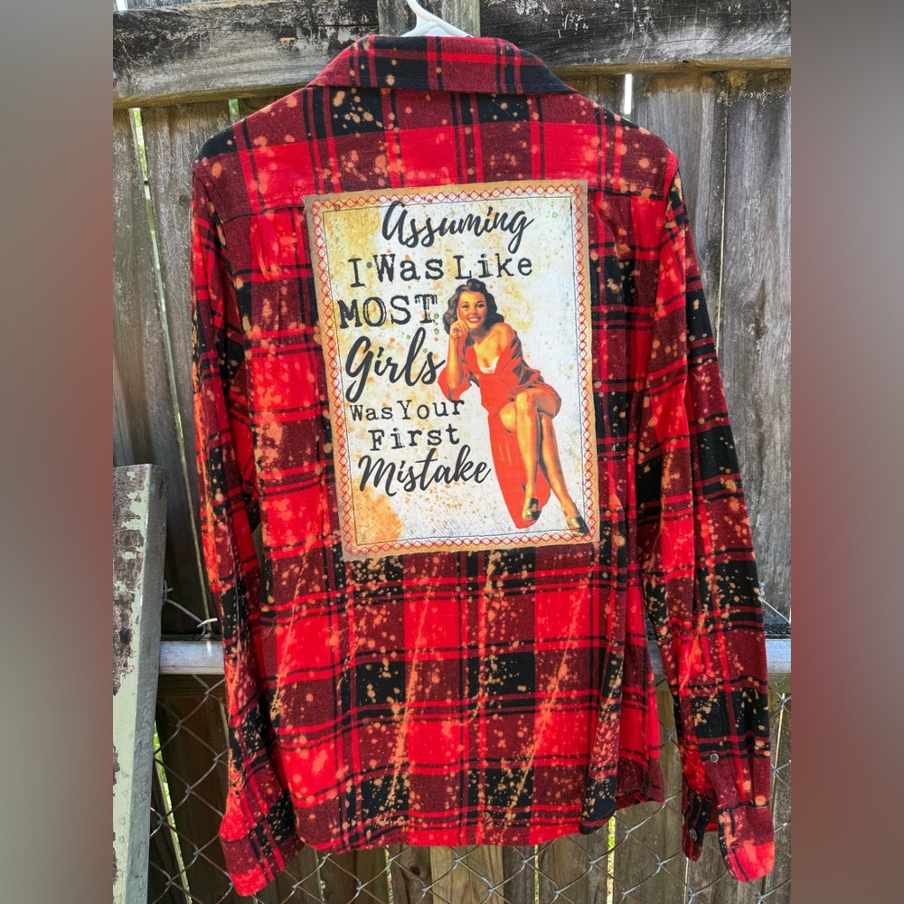 Angry Minnow Vintage red plaid flannel long sleeve shirt with graphic patch